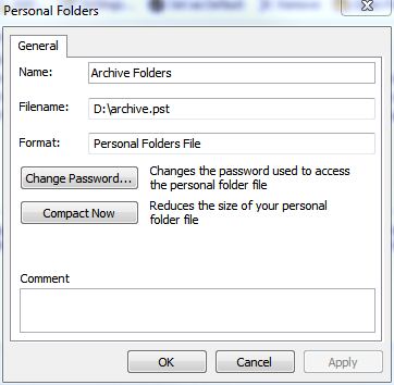 Personal Folders opens on a per-PST basis and includes a Compact Now option