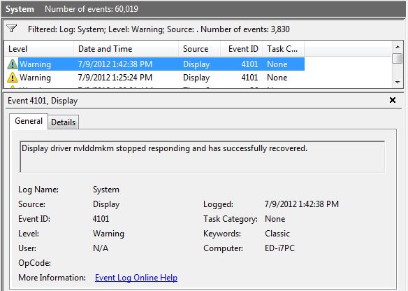 Event viewer details for the 4101 video driver error