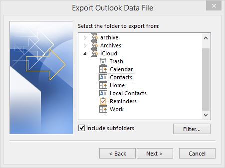 Just as you can export local Outlook contacts, you can do likewise for iCloud contacts.