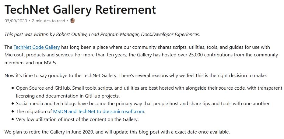 Technet Gallery Retires June 2020