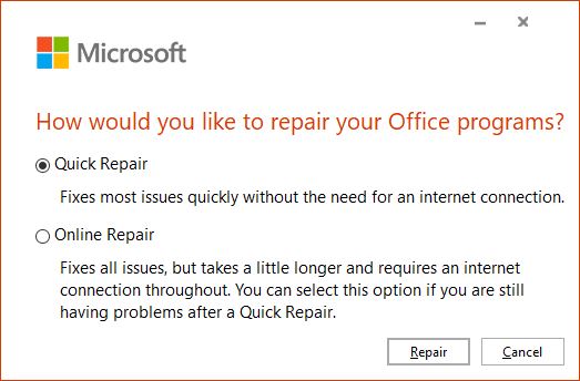 Wonky Word Launches Standard Windows 10 Repair Drill: Office Repair options.