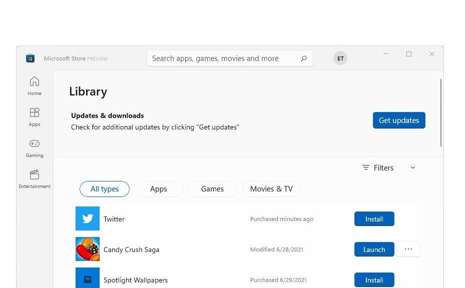 Windows 11 Store Updates via Library
