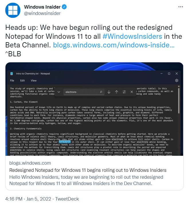 Beta Channel Gets Redesigned NotePad (Tweet)
