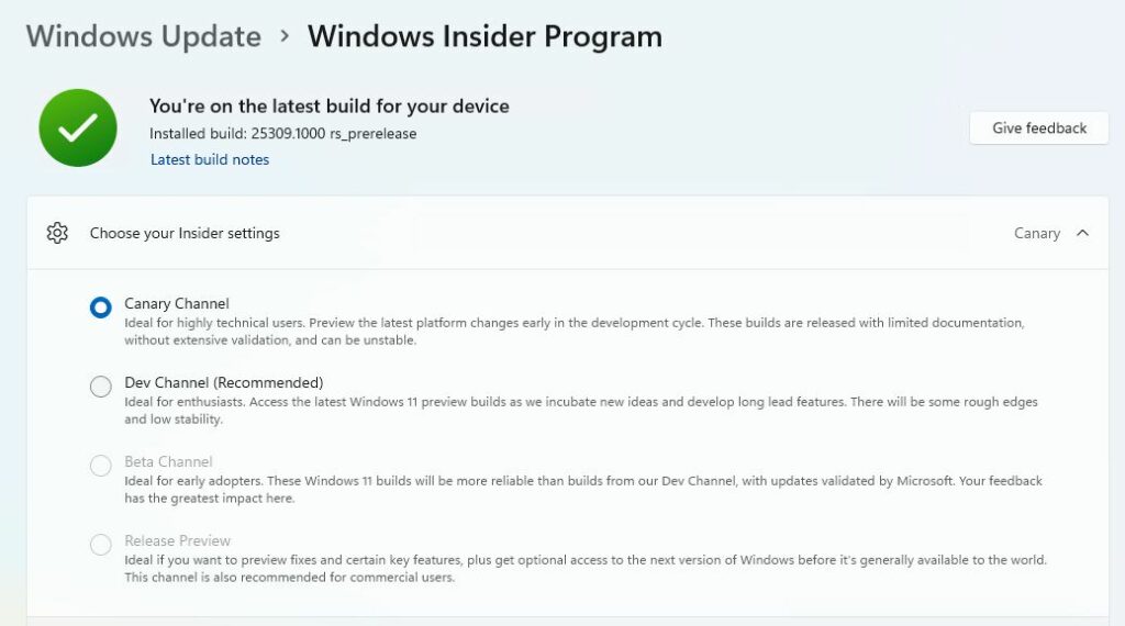 MS Adds Insider Canary Channel.showing