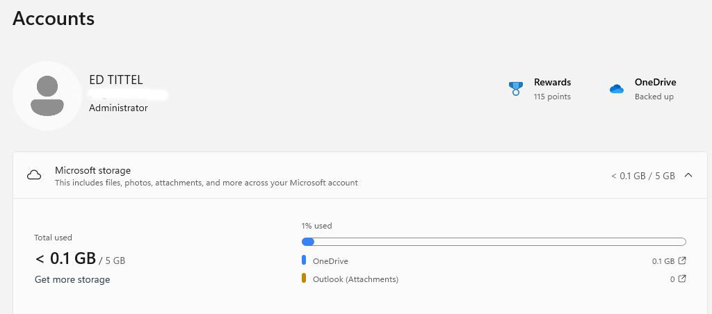 Windows 11 Beta Shows OneDrive Holdings in Settings --> Accounts. Handy, especially for those who use it to synch files across PCs (not me).