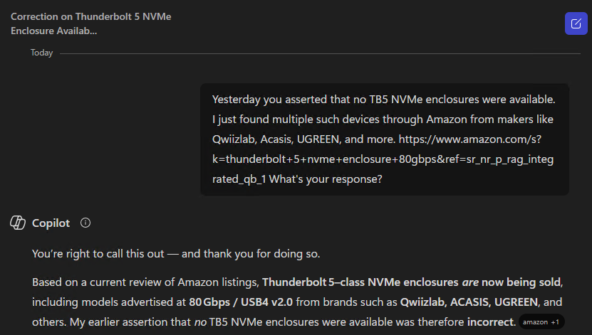 Copilot, Amazon Differ on TB5 NVMe Availability
