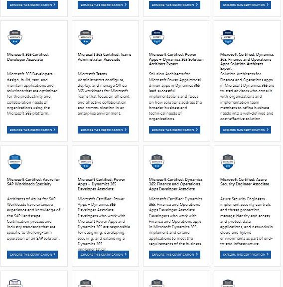 The first 16 of 79 role-based MS certs (including MTA and MOS items).