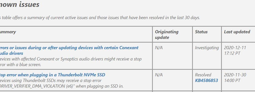 KB4586853 Fixes Thunderbolt NVMe SSD Stop Error per "Known Issues" 11/30.