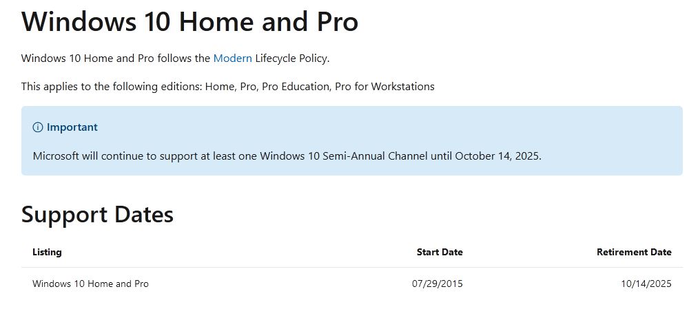 Windows 10 retirement is 2025--for Home and Pro versions