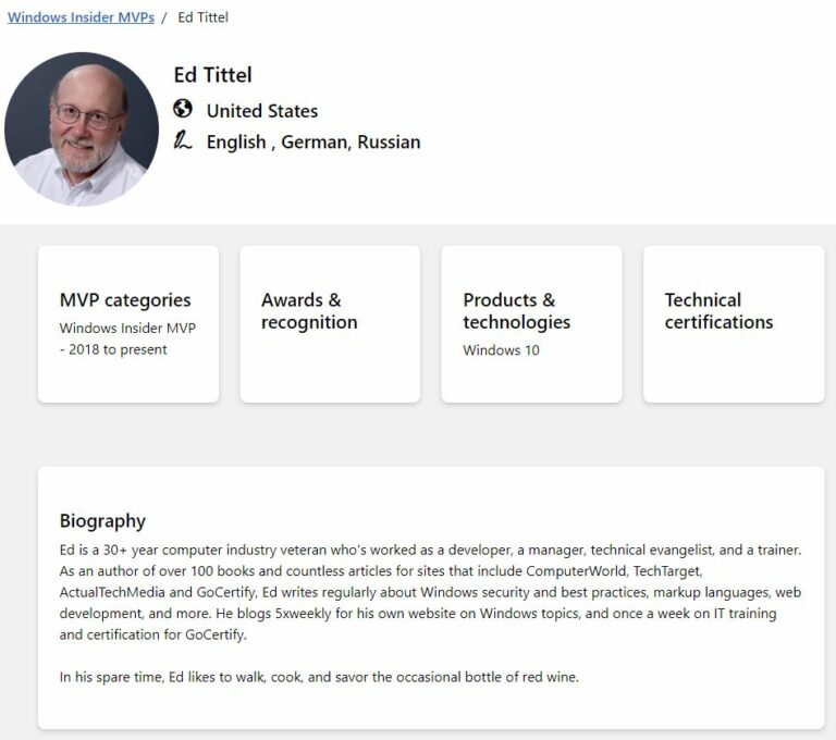 2023 Windows Insider MVP Application Ed Tittel