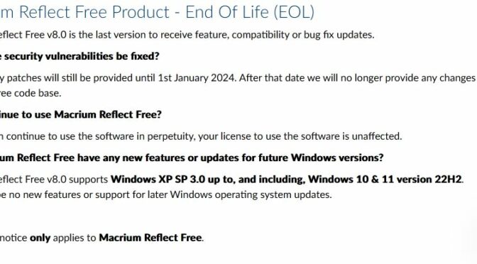 Macrium Announces Reflect Free EOL
