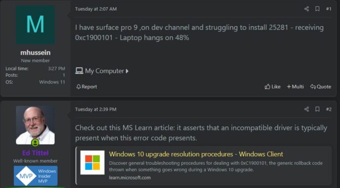 Obvious Fix Addresses 0xC1900101 Install Error - Ed Tittel