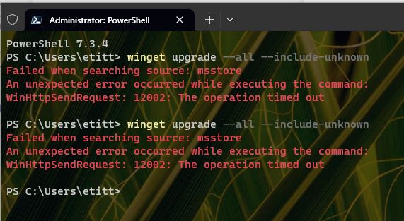 Weird Windows 10 Winget Timeout Error