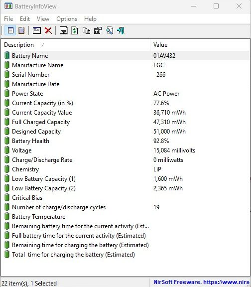 NirSoft BatteryInfoView Works Well