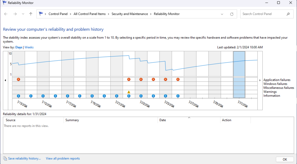 No Details Means Reset Reliability Monitor