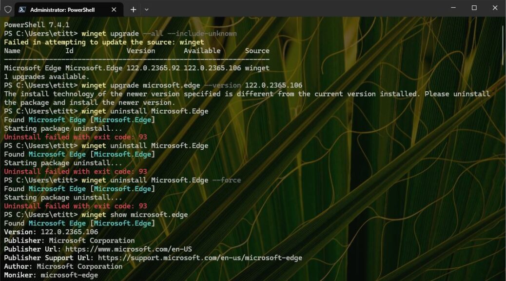 MS Edge 122.0.2365.106 Winget Upgrade Puzzle