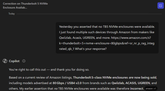 Copilot, Amazon Differ on TB5 NVMe Availability